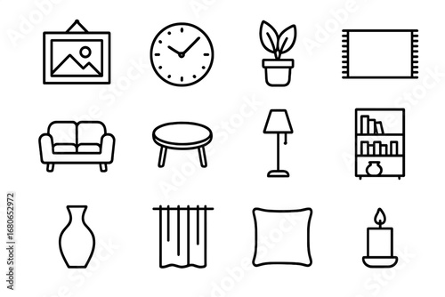 Home Decor Icons. Outline icon set of decorating the new home after moving: picture frame, wall clock, house