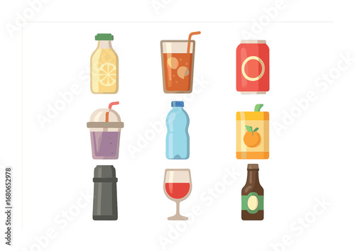 Picnic Drink Icons. Flat icon set of drinks for a picnic: lemonade bottle, iced tea, soda can, smoothie, water