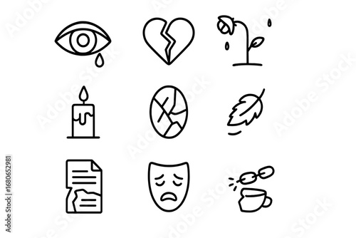 Symbols of Sadness. Outline icon set of sadness and grief: crying eye, broken heart, wilted rose, unlit candle