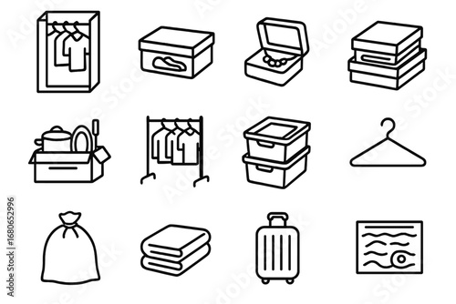 Moving Organization Icons. Outline icon set of organizing belongings before moving: wardrobe box, shoe box,