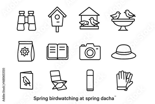 Spring Birdwatching Icons. Outline icon set of spring birdwatching at the dacha: binoculars, birdhouse, bird