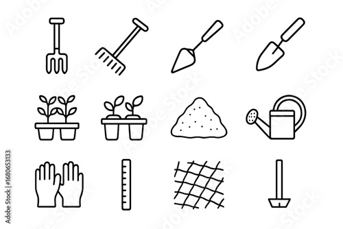 Gardening Tools Icon Set. Outline icon set of preparing dacha beds: garden fork, rake, hoe, trowel, seedling