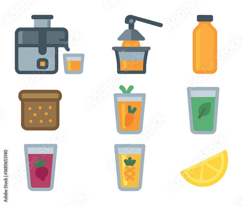 Juicing Icons Grid. Flat icon set of juicing stations: juicer machine, citrus press, bottle of juice, pulp