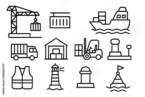 Port Construction Icons. Outline icon set of port area under construction: cargo crane, container, dock, ship,