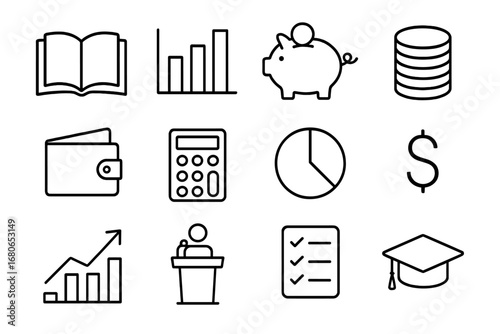 Financial Literacy Icons. Outline icon set of emergency preparedness: fire extinguisher, first aid kit,