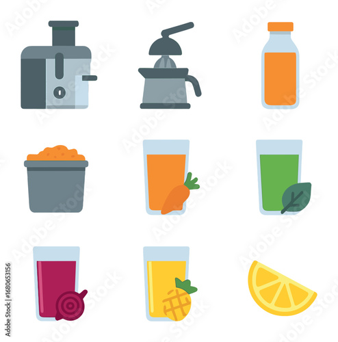 Juicing Station Icons. Flat icon set of juicing stations: juicer machine, citrus press, bottle of juice, pulp