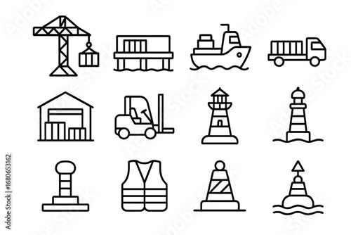 Port Construction Icons. Outline icon set of port area under construction: cargo crane, container, dock, ship,