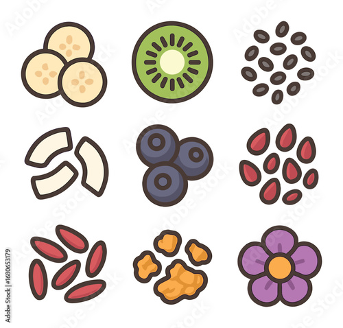 Smoothie Bowl Toppings. Flat icon set of smoothie bowl toppings: sliced banana, kiwi wheel, chia seeds,