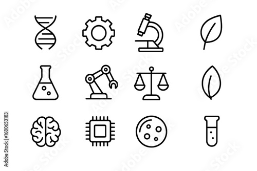 Biotech Ethics Icons. Outline icon set of biotechnology ethics: DNA strand, gear, microscope, leaf, laboratory