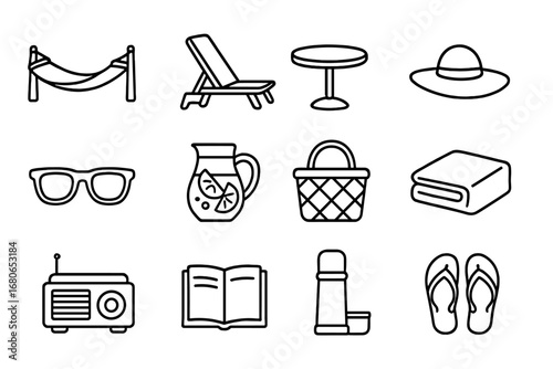 Dacha Relaxation Icons. Outline icon set of dacha relaxation in May: hammock, lounge chair, outdoor table, sun