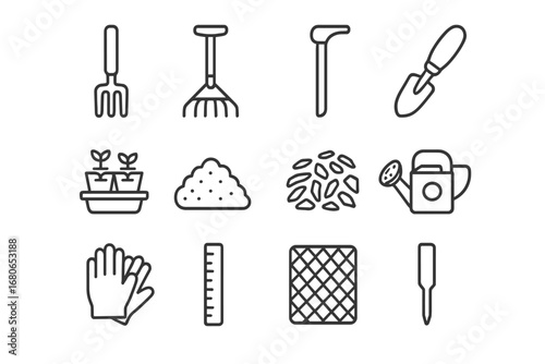 Gardening Tools Icon Set. Outline icon set of preparing dacha beds: garden fork, rake, hoe, trowel, seedling