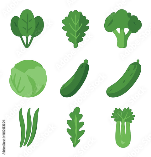 Green Vegetables Grid. Flat icon set of green vegetables: spinach, kale, broccoli, lettuce, zucchini, cucumber