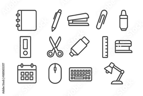 Office Supply Icons. Outline icon set of office supply recommendations: notebook, pen, stapler, paperclip,