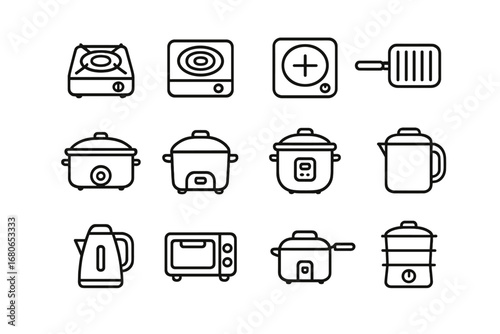 Portable Cooking Icons. Outline icon set of portable cooking appliances: portable stove, hot plate, induction