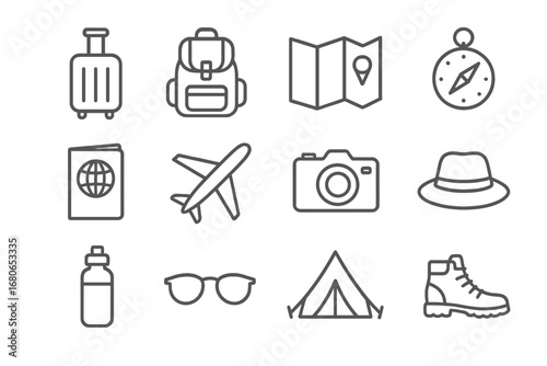 Travel Gear Icons. Outline icon set of travel gear suggestions: suitcase, backpack, map, compass, passport,