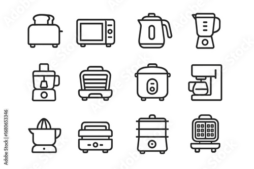 Kitchen Icon Set. Outline icon set of kitchen essentials: toaster, microwave, kettle, blender, chopper,