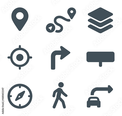 Mobile Navigation Icons. Flat icon set of mobile navigation: GPS pin, route line, map layers, current location