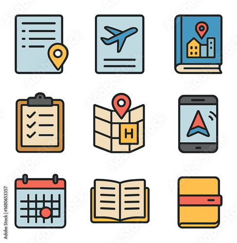 Travel Icons Grid. Flat icon set of tour planning essentials: itinerary, flight schedule, city guidebook,