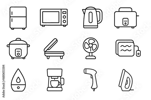 Dorm Appliance Icons. Outline icon set of student dorm appliances: mini fridge, microwave, kettle, toaster,