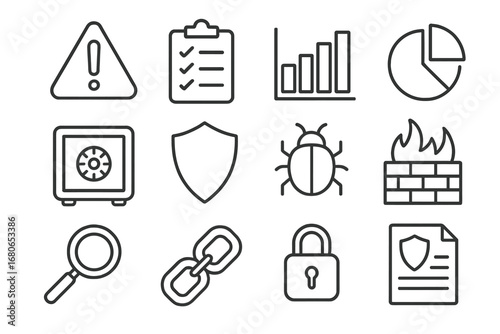Cybersecurity Icon Set. Outline icon set of risk management in cybersecurity: warning triangle, clipboard