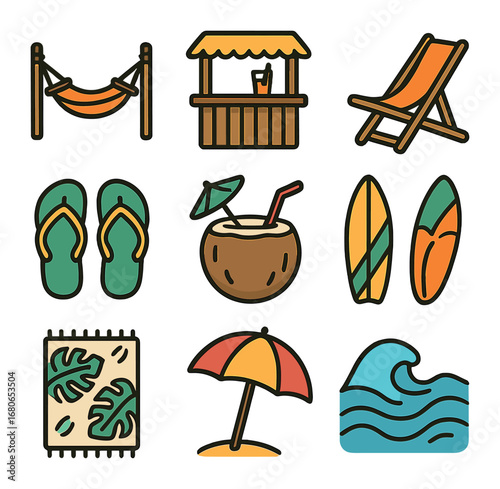 Beach Lifestyle Icons. Flat icon set of beachside lifestyle: hammock, tiki bar, beach chair, flip flops,