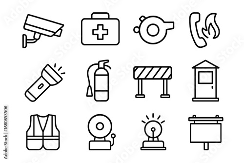 Campus Safety Icons. Outline icon set of campus safety: security camera, first aid kit, whistle, emergency