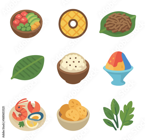 Hawaiian Cuisine Icons. Flat icon set of Hawaiian culinary culture: poke bowl, grilled pineapple, kalua pig,
