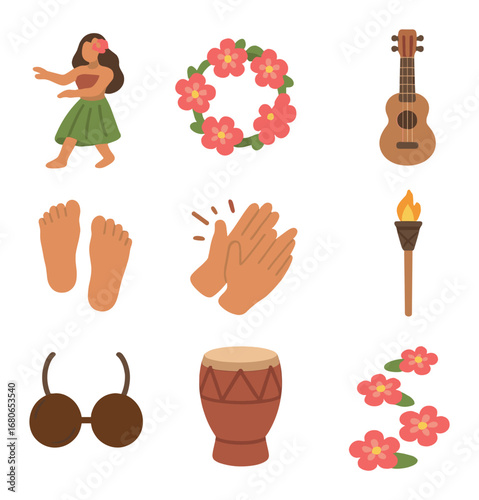 Hawaiian Dance Icon Set. Flat icon set of Hawaiian dance scene: hula dancer, flower anklet, ukulele, bare feet