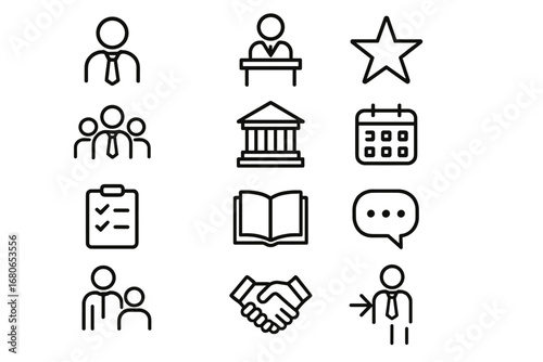Local Leadership Icons. Outline icon set of local leadership: leader figure, podium, star symbol, team behind,