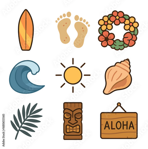 Surfside Tradition Icons. Flat icon set of surfside traditions: surfboard, sandy footprints, flower crown,