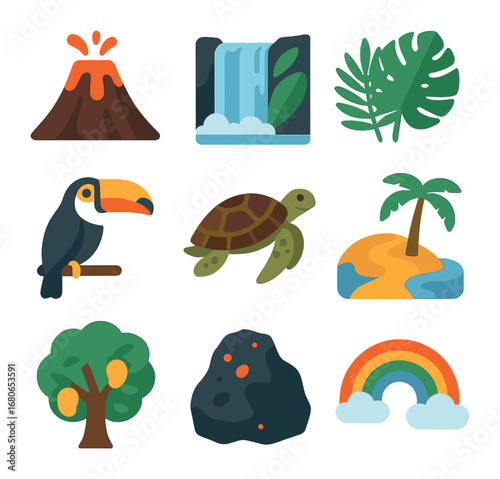 Tropical Exploration Icons. Flat icon set of tropical nature exploration: volcano, waterfall, jungle leaves,