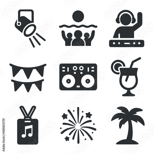 Open-Air Music Icons. Flat icon set of open-air music events: stage light, beach crowd, DJ silhouette, party