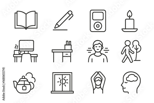 Mental Clarity Icons. Outline icon set of mental clarity activities: reading book, journaling pen, soft music