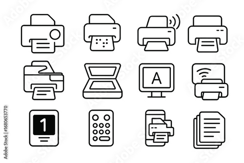 Accessible Printing Icons. Outline icon set of accessible printing and scanning: large button copier, braille