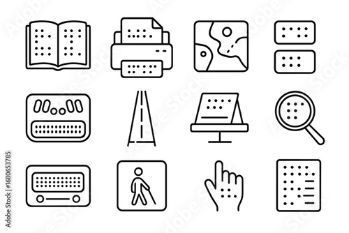 Braille Tactile Tools Icons. Outline icon set of braille and tactile tools: braille book, braille printer,