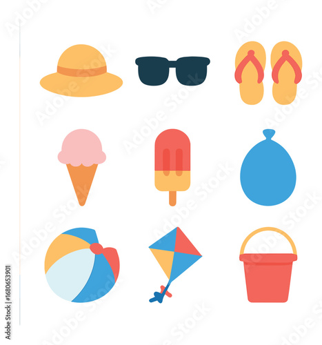Summer Fun Icons. Flat icon set of lemonade stand: sun hat, sunglasses, flip flops, ice cream, popsicle, water