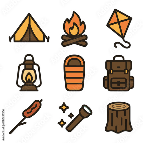 Camping Gear Icons. Flat icon set of kite flying afternoon: tent, campfire, lantern, sleeping bag, backpack,