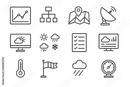 Weather Decision Icons. Outline icon set of weather-based decision making: forecast chart, decision tree,