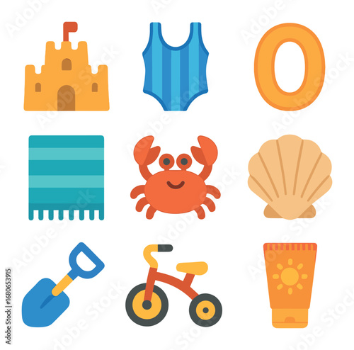 Summer Fun Icons. Flat icon set of trampoline jumping: sandcastle, swimsuit, pool float, beach towel, crab toy