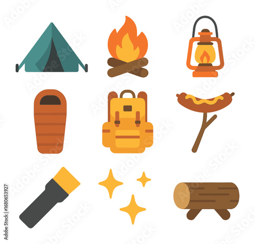 Canoeing Adventure Icons. Flat icon set of lake canoeing: tent, campfire, lantern, sleeping bag, backpack,