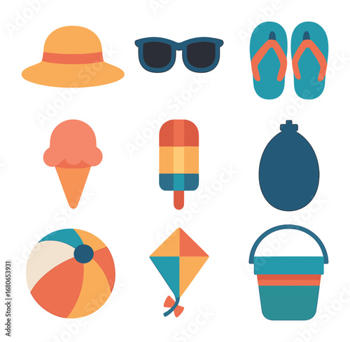 Kids' Summer Essentials. Flat icon set of kids gardening: sun hat, sunglasses, flip flops, ice cream, popsicle