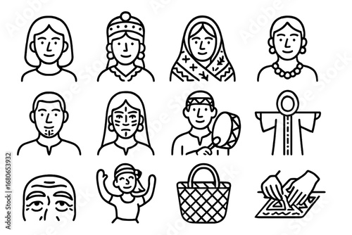 Folklore Faces Icon Set. Outline icon set of folklore-inspired portraits: close-up face, traditional headpiece