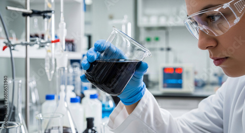 Wallpaper Mural Scientist Analyzing Viscous Black Liquid Coal Tar in Transparent Glass Beaker Inside Laboratory Setting Torontodigital.ca