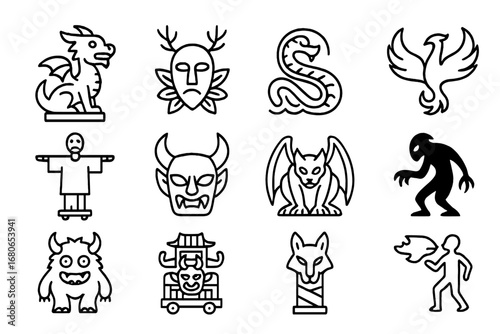 Mythical Creatures Icon Set. Outline icon set of mythological creature photography: dragon statue, forest