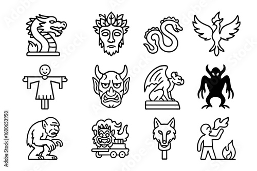 Mythical Creatures Icon Set. Outline icon set of mythological creature photography: dragon statue, forest