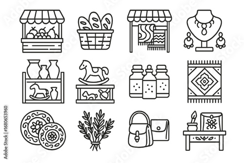 Folklore Market Icons. Outline icon set of folklore markets: fruit stand, bread basket, fabric stall, jewelry