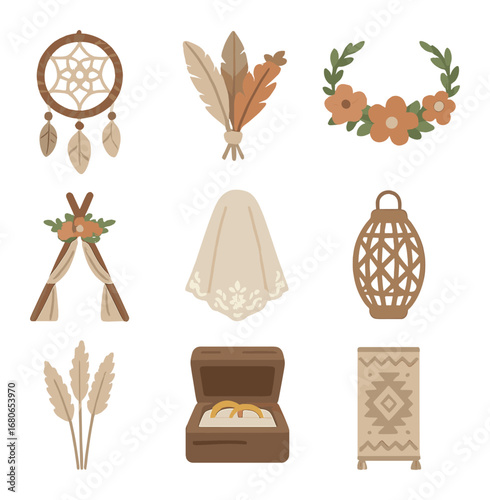 Boho Wedding Icons. Flat icon set of boho wedding symbols: dreamcatcher, feather bouquet, flower crown, tipi