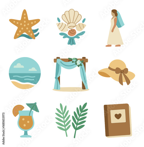 Beach Wedding Icons. Flat icon set of beach wedding details: starfish decor, seashell bouquet, barefoot bride,