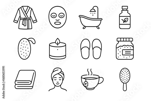 Home Spa Icon Grid. Outline icon set of home spa day: bathrobe, face mask, bathtub, essential oil bottle,