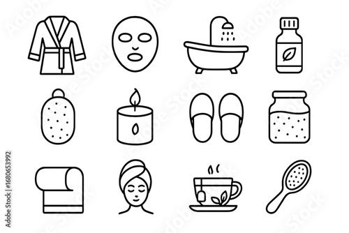 Home Spa Icon Grid. Outline icon set of home spa day: bathrobe, face mask, bathtub, essential oil bottle,